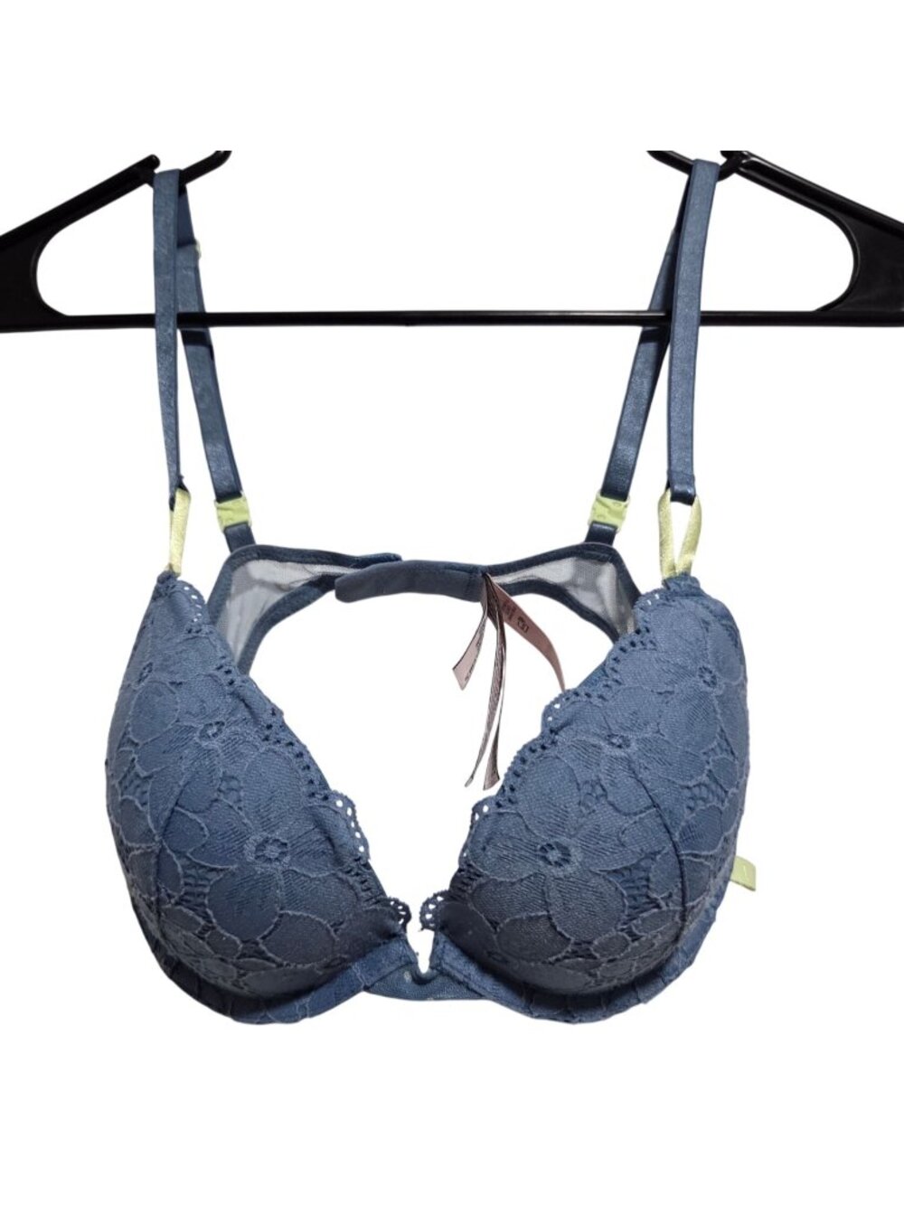 Victorias Secret Bra Size 34B Blue Lace Push Up Adjustable Straps Polka Dot Mesh